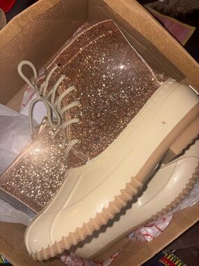 Sugar Glitter Lace-Up Duck Boots in Rose Gold and Cream